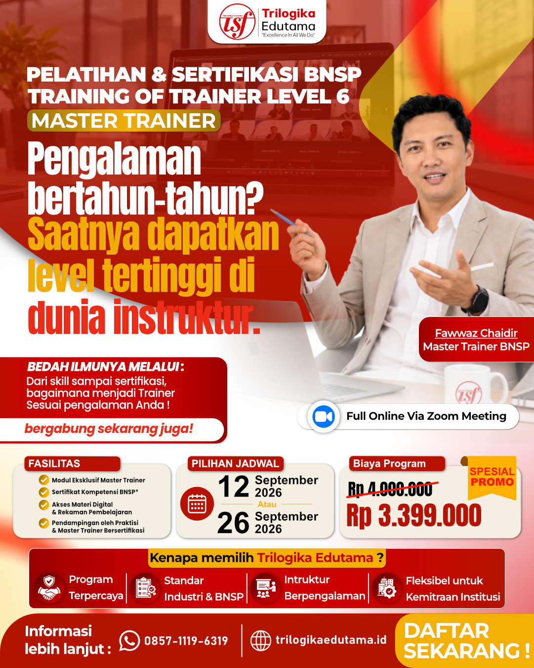 DIKLAT DAN SERTIFIKASI TRAINING OF TRAINER BNSP LEVEL 6 "MASTER TRAINER" ONLINE SEPTEMBER 2026
